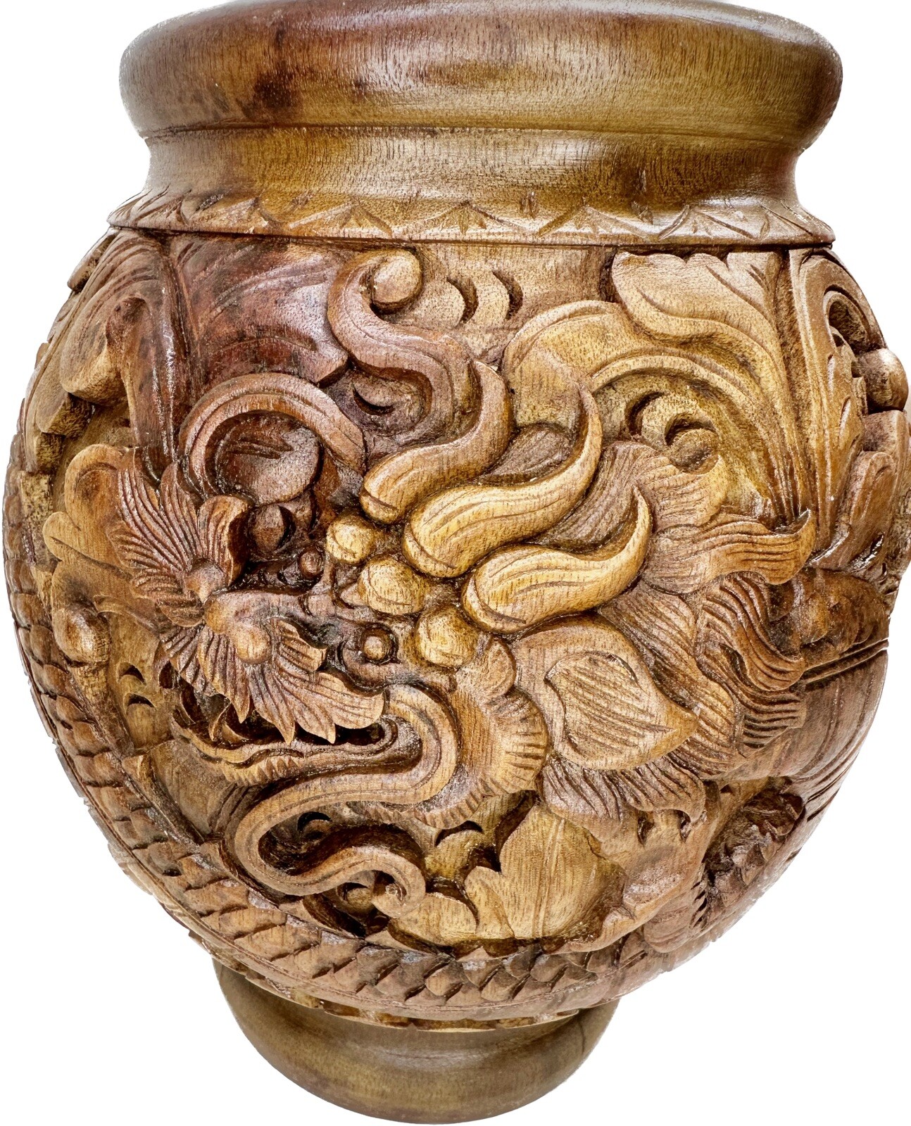 Vintage detaillierte handgeschnitzte Drache und Blumen Mahagoni Vase Muttertag Geschenk