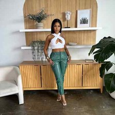 Faux Leather Cargo Joggers Pants - Green Olive