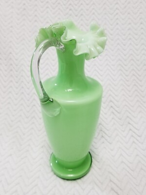 Art Nouveau Opal Green Glass Vase w/ Handle & Wavy Rim From Czechoslovakia