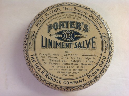 Porter's Liniment Salve Vintage 1916 Tin, George Rundle Co, Piqua, Ohio ...