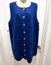 J.CREW Blue Linen-Viscose Shift Dress 2X Sleeveless Button Front Pockets