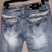 Miss Me Low Rise Distressed Skinny Jeans Light Wash Angel Wings Bling Pockets 26