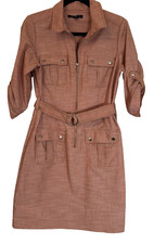 Sharagano Belted Shirt Dress Women Size 10 Pockets 3/4 Sleeve Zip Snap Coral