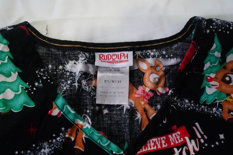 Rudolph the Red Nosed Reindeer Christmas Scrub Top Women's Ex Small cotton tree - Image 2 of 4