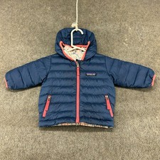 Patagonia Jacket Girl Infant 2T Blue White Pink Puffer Floral Hooded Reversible