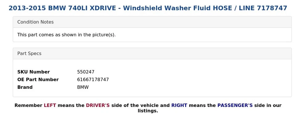 2013-2015 BMW 740LI XDRIVE - Windshield Washer Fluid HOSE / LINE 7178747 - Image 4 of 4