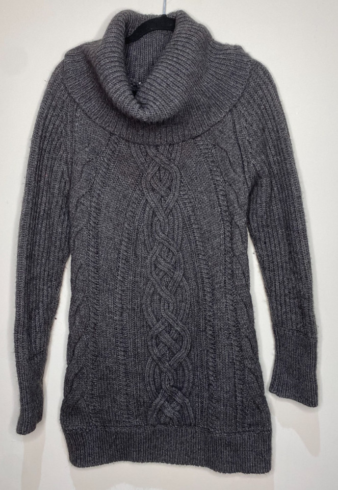 UNBRANDED Grey Wool Alpaca Blend Cable Knit Roll Neck Jumper Dress Size M