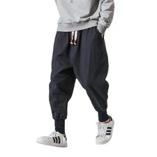 Men’s Cotton Linen Harem Pants Loose Fit Casual Streetwear Trousers