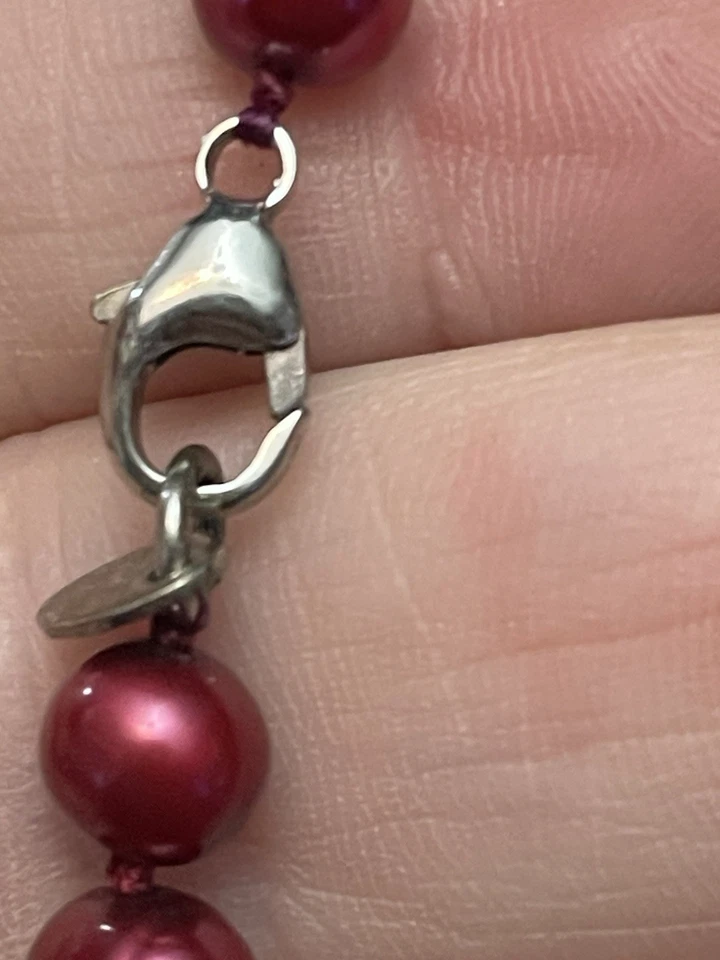 Colar de pérolas de vidro vermelho cranberry prata esterlina 925 ILUC fio de 18 pol. - Imagem 4 de 4