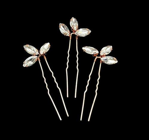 Hair Comb & Pins Rose Gold Marquise Crystal Wedding Prom Accessories 3 Pieces