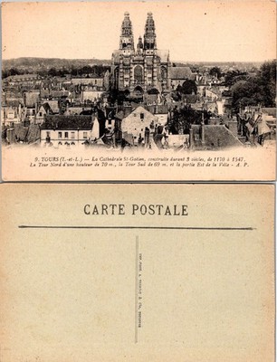 Tours La Cathedrale St-Gatien Postcard France Vintage Unposted Sepia Historic
