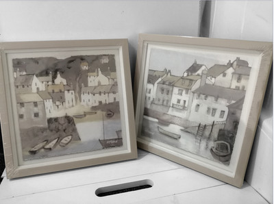 2 x Adelene Fletcher Bilder Bay Side & High Tide signiert Fischerdörfer 9 Zoll