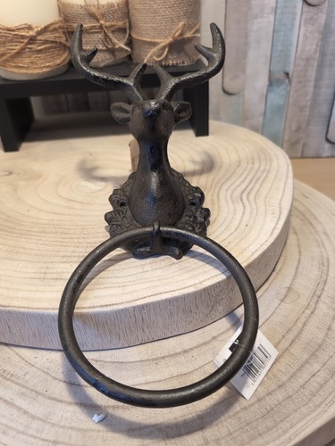 Cast Iron Rustic Towel Ring Stag Antlers Head Wall Mount Bathroom Towels Holder - Picture 3 of 5