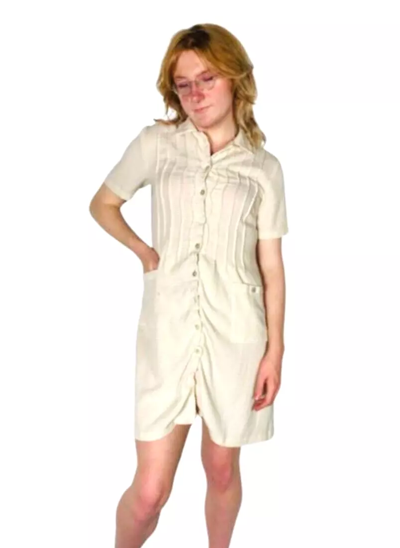 Vintage Cream Beige Gingham Check Button Down Shirt Dress by