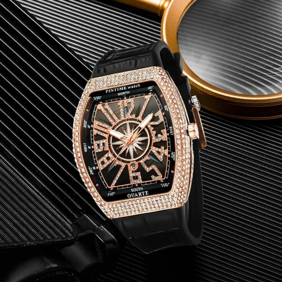 FANMIS Hombres Calavera Cara Grande Relojes Rectángulo Punk Diamante Cuadrante Correa de Cuero Cal Foto 3 de 4