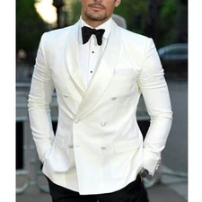Men White Shawl Lapel Suit Double Breasted Jacket Formal Tuxedo Elegant Custom
