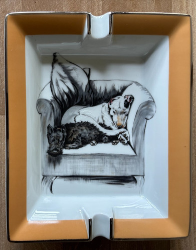 Lovely Hermes Cigar Ashtray in Mint Condition Two Dogs Asleep on Chair