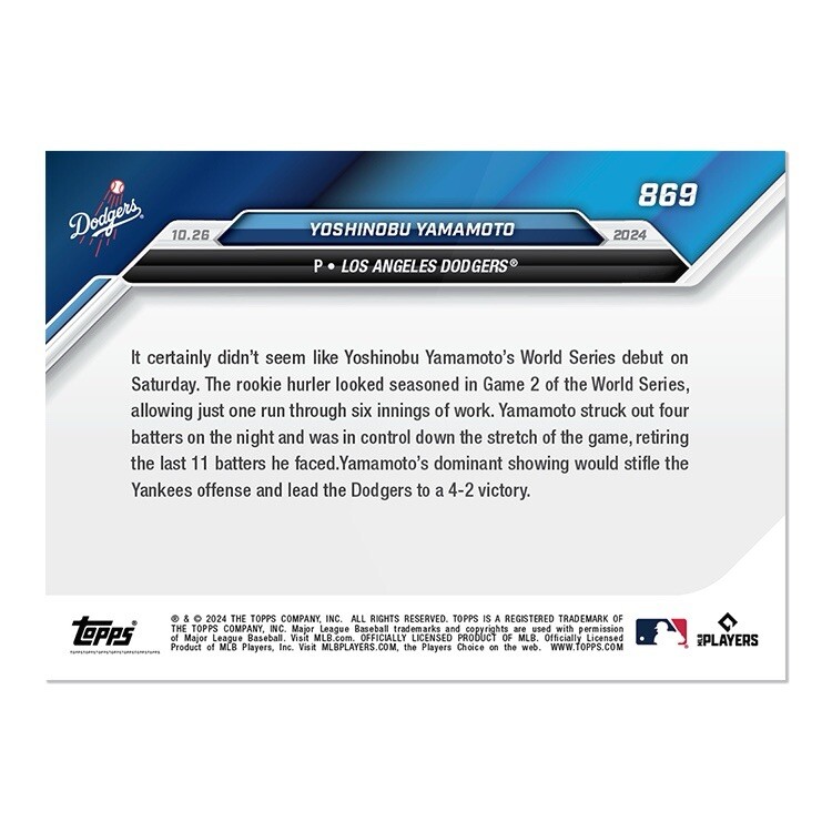 Yoshinobu Yamamoto RC World Series Game 2 2024 MLB Topps NOW Card