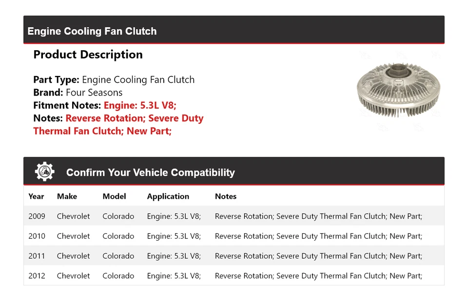 Para 2009-2012 Chevrolet Colorado 5.3L V8 motor ventilador de refrigeração embreagem 4 estações - Imagem 2 de 4