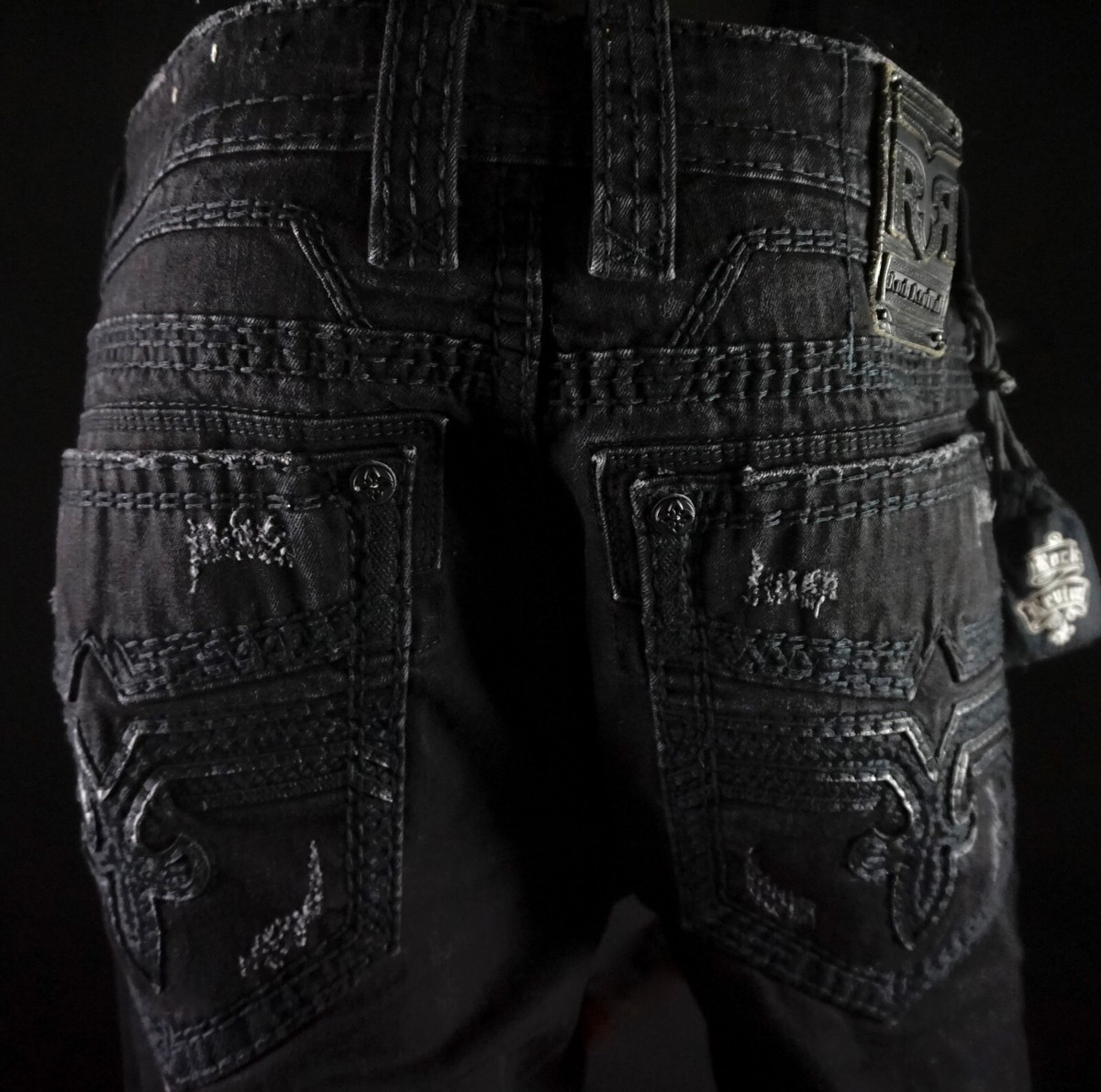 $220 Mens Rock Revival Jeans "Santiago" Jet Black Leather Inserts Boot 33 X 33 View 2