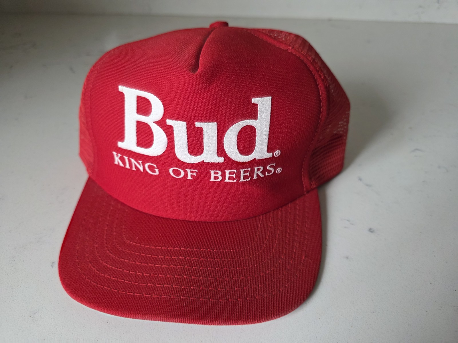 Vintage 80s Budweiser Bud King Of Beers Hat Cap Snap Back Mens One Size Red EUC