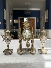 19th Century French White Veined Marble Clock Garniture C.1880-1900