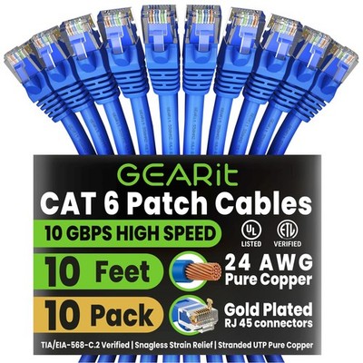 Cat 6 Ethernet Patch Cable 10 ft Blue (10 Pack) - Cat6 Patch Cables 10ft Blue...