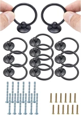 12pcs Black Round Ring Cabinet Drawer Pulls, Zinc Alloy Handles, Single Hole Dre