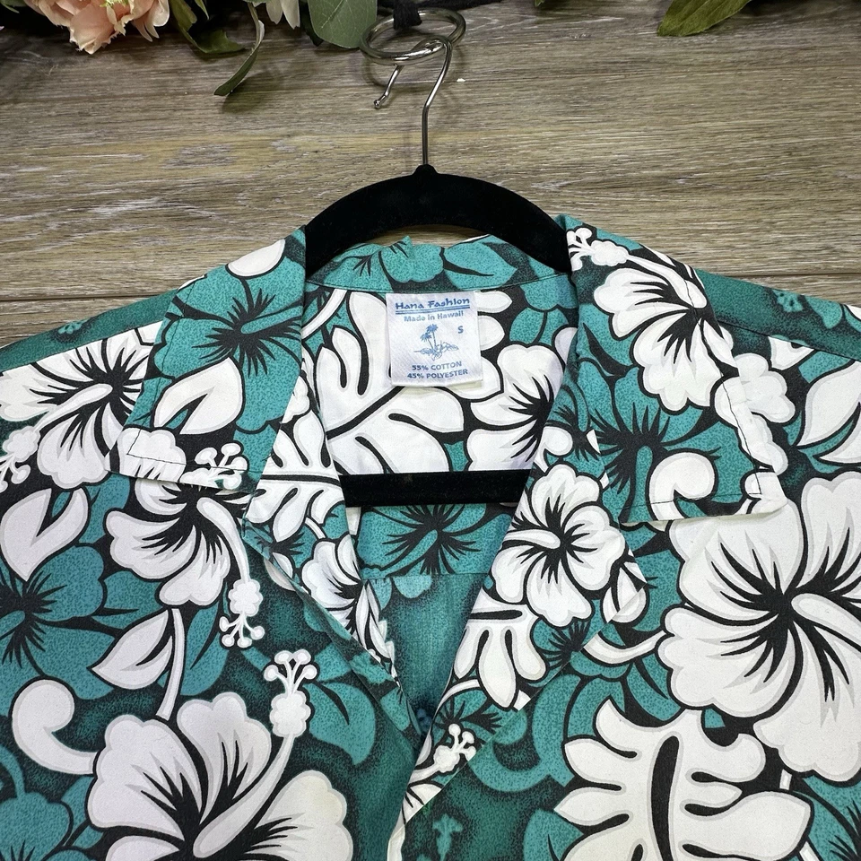 Hana моды гавайский Алоха рубашка маленький бирюзовый белый гибискус цветочный - Изображение 3 из 4