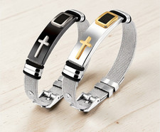 Men's Stainless Steel Religious Faith Cross Adjustable Mesh Wristband Bracelet