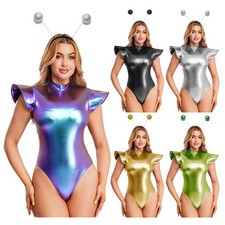 Womens Alien Costume Shiny Metallic Cap Sleeve Bodysuit With Headwear Astronaut