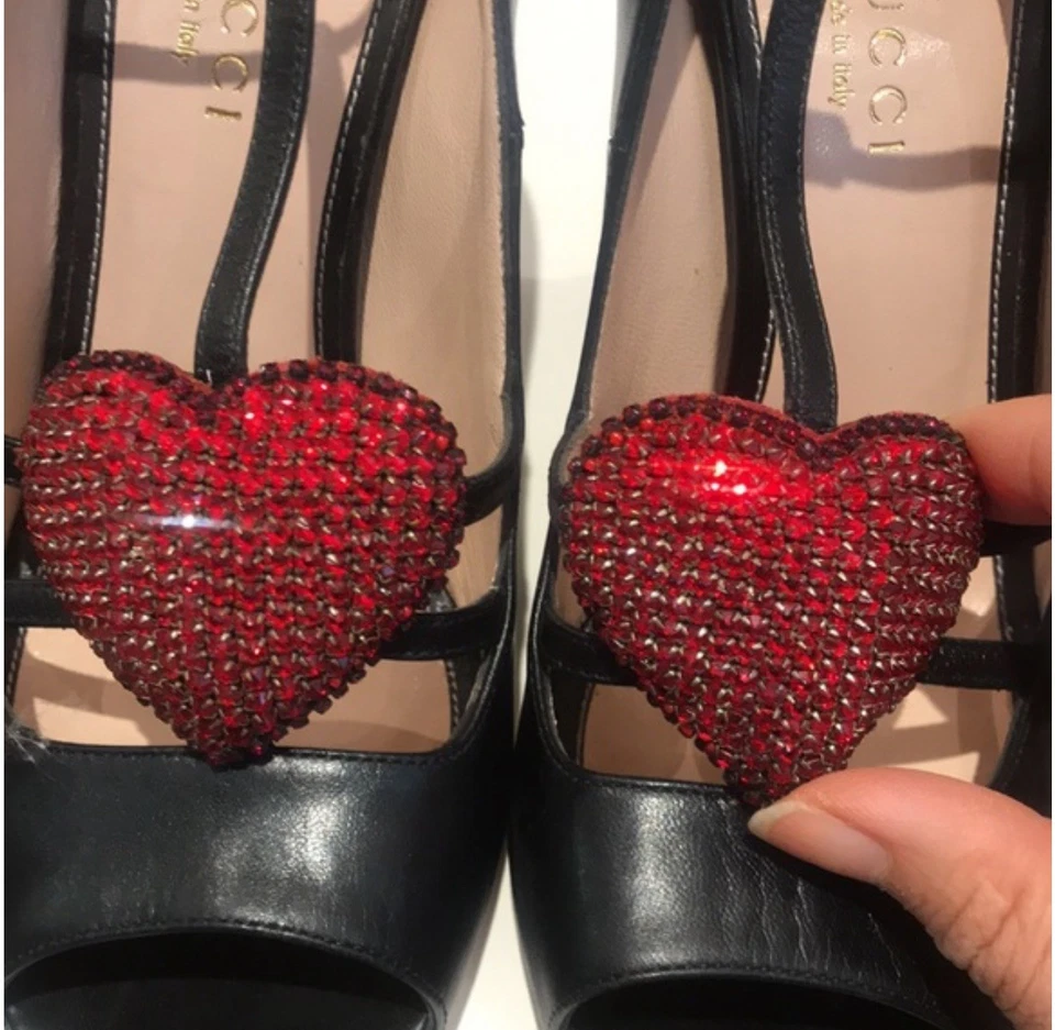 Sandalias Gucci Cuero Negro Molina Cristal Corazón Correa en T Talla 38.5 Foto 4 de 4