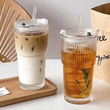 1pc 600ml Striped Glass Cup with Lid & Straw: Coffee Tea Water Drinkware - NEW