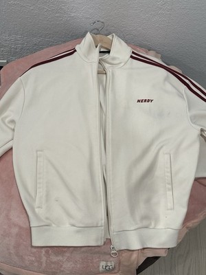 NERDY White Burgundy Striped Tracksuit Set S Polyester Track Jacket Pants IU 