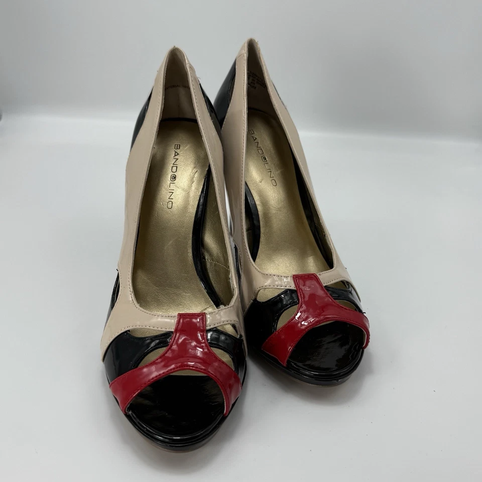 Bandolino Sz 7.5 Open Toe High Heels Tan Red Leather Patchwork PeepToe Shoes Y2K - Image 2 of 4