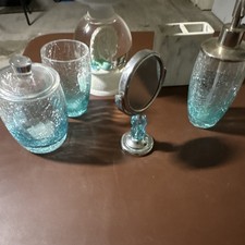 5-Piece Blue Crackle Glass Bathroom Accessory Set: Soap Dispenser, Mirror