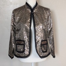 Chico's Sequin Jacket Women Size 0 Gold Leopard Print Open Front Evening Blazer
