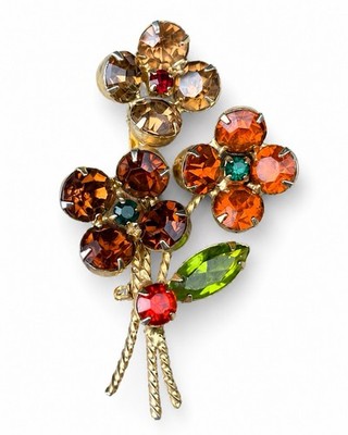 MCM  Rhinestone Flower Bouquet Brooch Pin, Orange/Brown/Green/Red Granny Chic 
