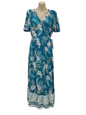 Iris Maxi Wrap Dress Women 14 Blue Floral Rayon Casual V Neck Boho