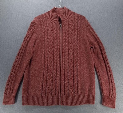 L.L.Bean Sweater Mens XL Red Cable Knit Full Zip Mock Neck Cotton Cardigan