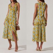 NEW ASTR The Label BLUE & YELLOW V-Neck FLORAL Ruffle SLIT Midi DRESS M