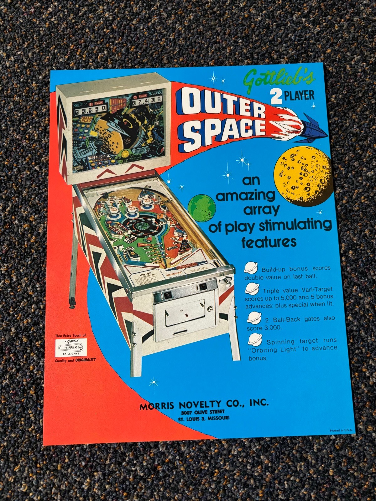 1972 GOTTLIEB FACTORY ORIGINAL OUTER SPACE  PINBALL PROMO FLYER NEW OLD STOCK