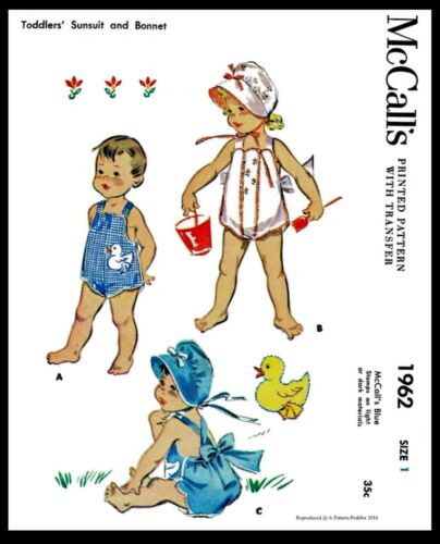 McCall's #1962 UNISEX SUNSUIT Playsuit Bonnet Fabric Sewing Pattern Boy Girl ~1~ - Picture 1 of 3