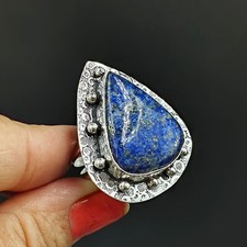 Natural Lapis Lazuli Pear Gemstone 925 Sterling Silver Ring Size-7 US