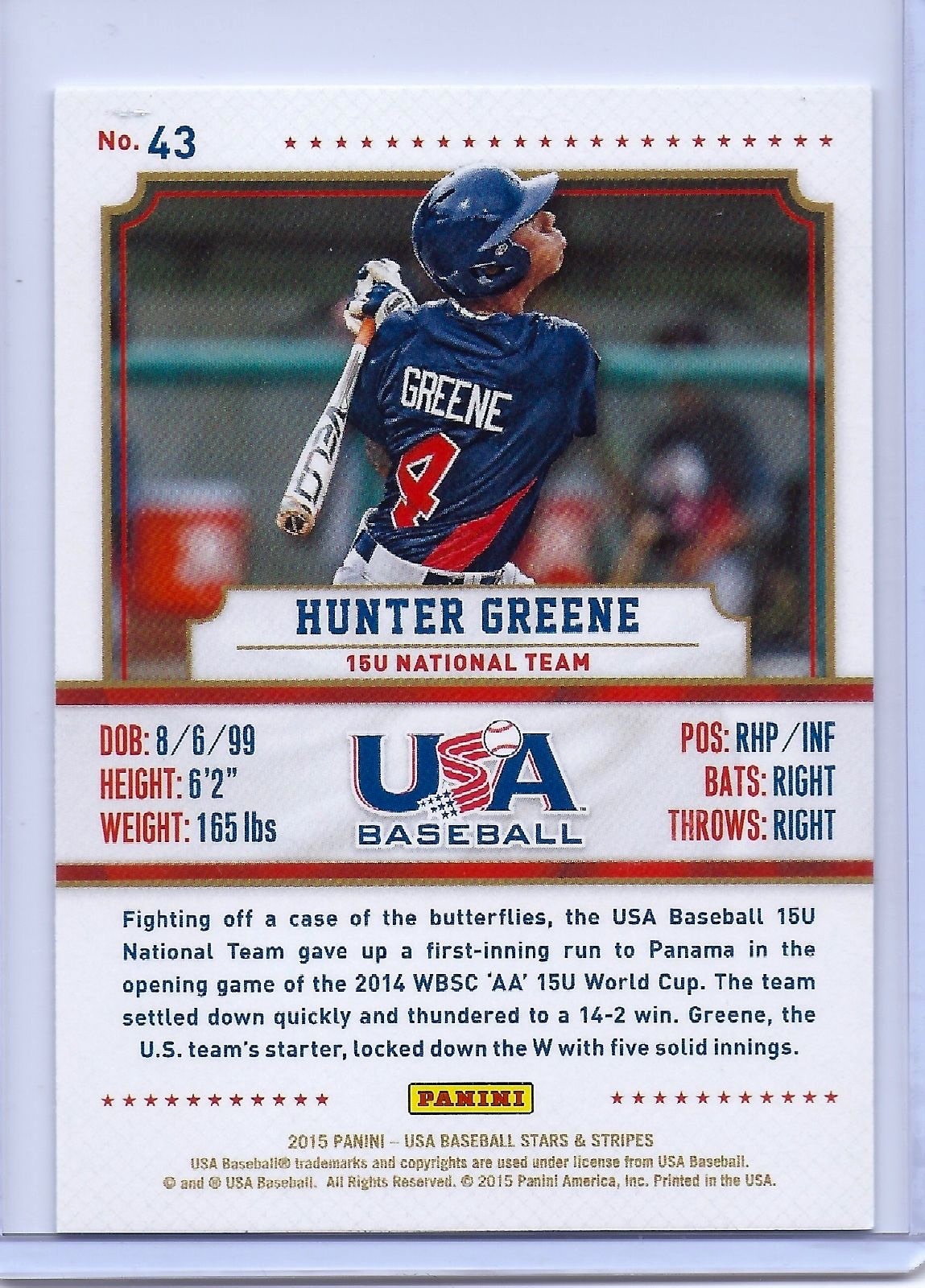 HUNTER GREENE 2015 PANINI TEAM U.S.A. BASEBALL ROOKIE CARD #43 