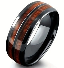 Women's Wood Inlay Whiskey Barrel Ring Gun Metal Black Stainless Steel Size 8