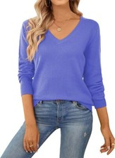 QUALFORT Women's Sweater 100% Cotton Soft Knit Pullover Sweater Light Blue