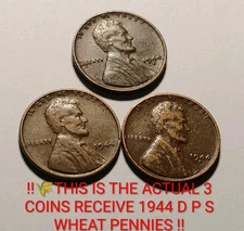‼️1944 DPS Lincoln Cent Wheat Penny  RECEIVE ALL 3 COINS FROM PHOTOS ‼️🔥