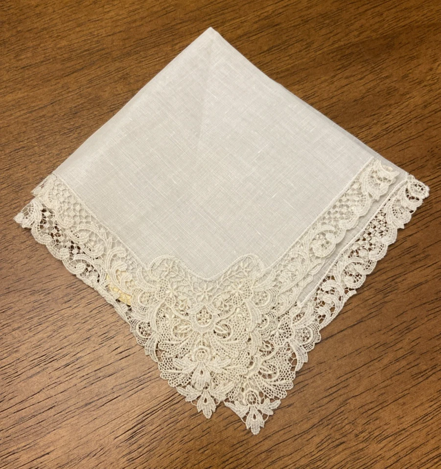 NEW Desco Pure Linen Ivory Handkerchief Wedding 11" Square Vintage Switzerland - Imagem 4 de 4
