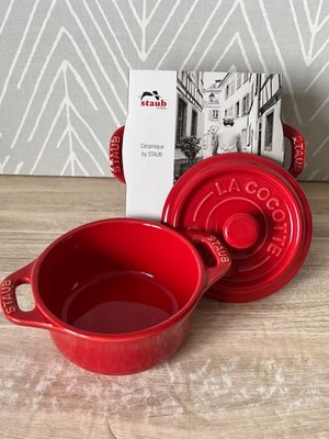 2 Cherry Red NIB Staub Mini Ceramic Dutch Oven Cocotte Dishes